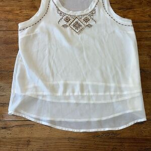 Daytrip White Sheer Beaded/Embroidered Asymmetrical Flowy Feminine Tank Top L